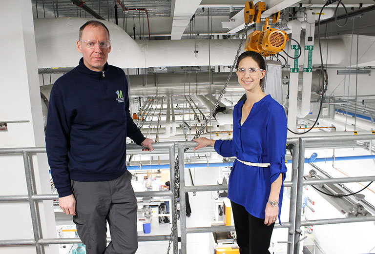 Rainer Hebert and Lesley Frame from UConn's Department of Materials Science and Engineering in the Innovation Partnership Building at UConn Tech Park. (Carson Stifel/UConn Photo).